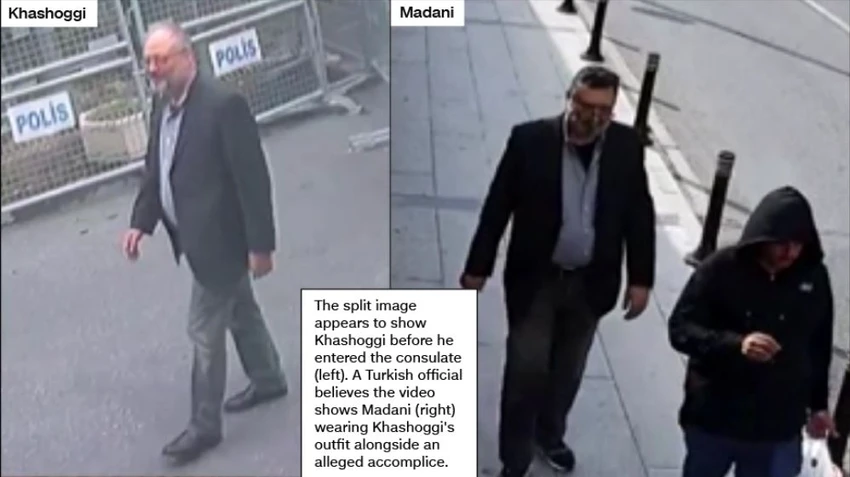 Bên trái: nhà báo Khashoggi trước khi bước vào lãnh sự quán Saudi ở Istanbul (Thổ Nhĩ Kỳ) ngày 2-10. Bên phải: ông Madani trong trang phục của nhà báo Khashoggi trên đường phố Istanbul cùng một đồng sự phía trên. Ảnh: CNN