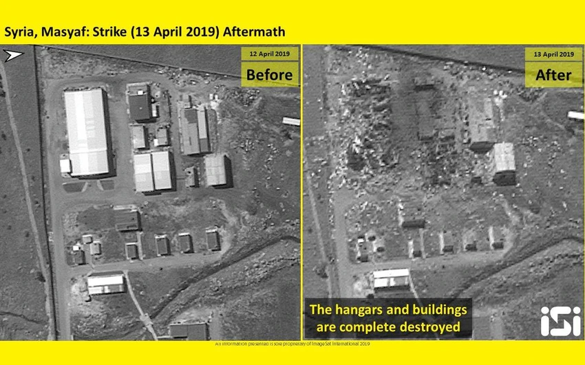 Hình ảnh cơ sở quân sự được cho là của Iran ở Syria trúng không kích của Israel ngày 13-4. Ảnh: IMAGESAT INTERNATIONAL