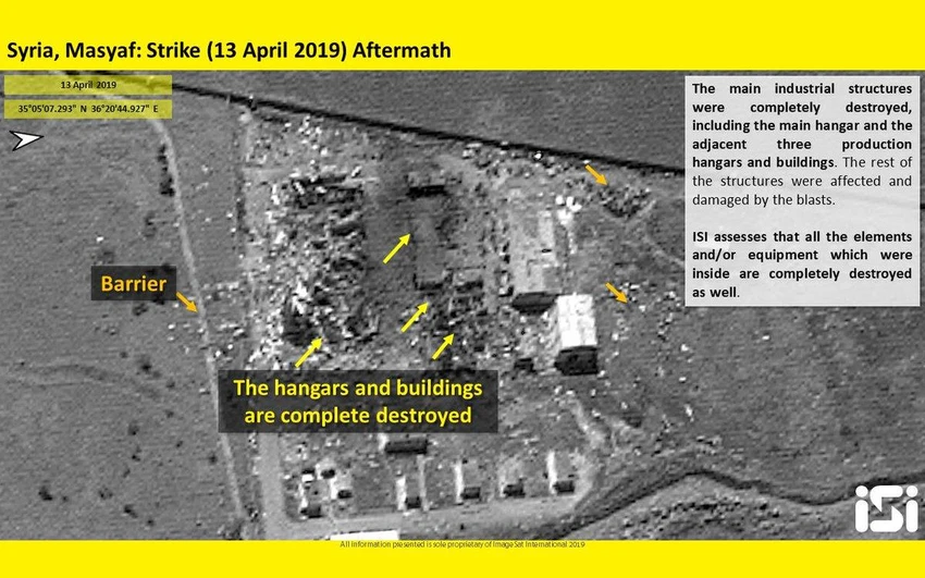 Hình ảnh cơ sở quân sự được cho là của Iran ở Syria trúng không kích của Israel ngày 13-4. Ảnh: IMAGESAT INTERNATIONAL