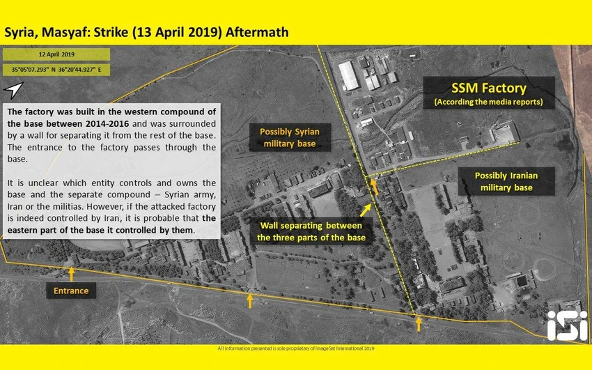 Hình ảnh cơ sở quân sự được cho là của Iran ở Syria trúng không kích của Israel ngày 13-4. Ảnh: IMAGESAT INTERNATIONAL