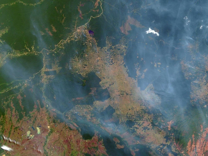 Thời điểm 1999, một dải rừng Amazon ở bang Rondonia (Brazil) bị phát quang nhưng vẫn còn màu xanh Ảnh: GETTY IMAGES