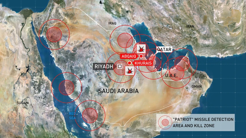 Các địa điểm đặt các hệ thống phòng không của Saudi Arabia và của Các Tiểu vương quốc Ả Rập thống nhất (trong vòng tròn: Vùng phát hiện; màu đỏ: Vùng tiêu diệt), dựa vào dữ liệu do một nguồn tin từ Bộ Quốc phòng Nga cung cấp. Ảnh: RT