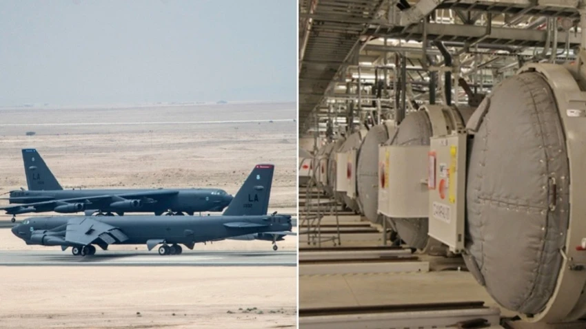 Hai mục tiêu tiềm năng của Iran và Mỹ: Máy bay ném bom B-52 của Không quân Mỹ tại căn cứ không quân Al Udeid ở Qatar (trái) và cơ sở sản xuất uranium Fordow ở tỉnh Qom (Iran). Ảnh: REUTERS và AFP