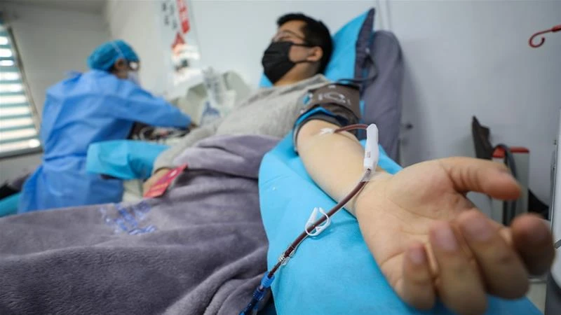 Tiến sĩ Kong Yuefeng cho kháng thể tại một trung tâm y tế ở Vũ Hán (Trung Quốc) sau khi được điều trị khỏi COVID-19. Ảnh: Yuan Zheng/EPA