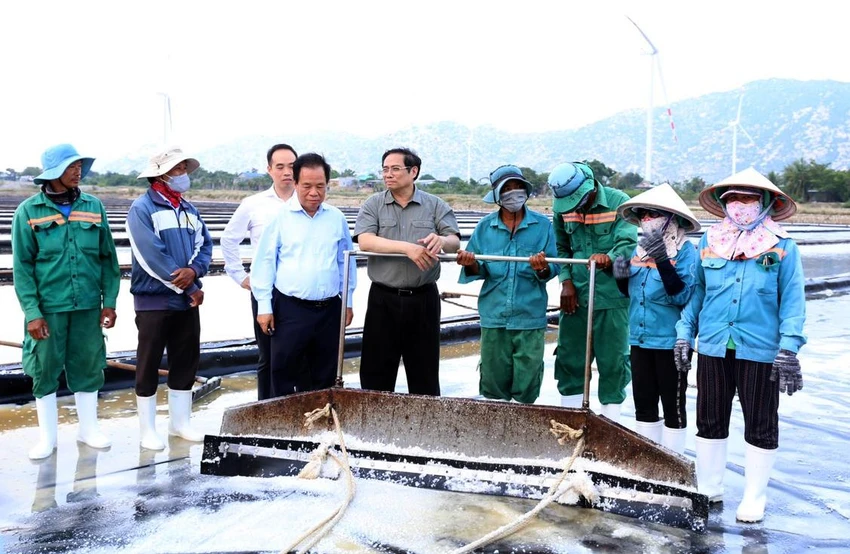 Thủ tướng thăm hỏi các diêm dân tại cánh đồng muối Quán Thẻ, xã Phước Minh, huyện Thuận Nam. Ảnh: V.N. Thủ tướng thăm hỏi các diêm dân tại cánh đồng muối Quán Thẻ, xã Phước Minh, huyện Thuận Nam. Ảnh: V.N.