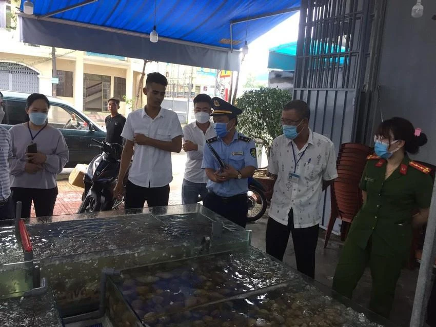 Đoàn liên ngành kiểm tra tại quán hải sản Cô Sương. Ảnh: CTV. Đoàn liên ngành kiểm tra tại quán hải sản Cô Sương. Ảnh: CTV.