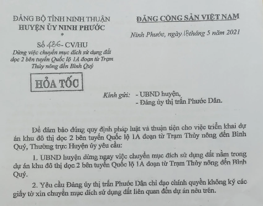 Văn bản Huyện ủy Ninh Phước yêu cầu dừng việc chuyển mục đích sử dụng đất. Ảnh: Chụp màn hình. Văn bản Huyện ủy Ninh Phước yêu cầu dừng việc chuyển mục đích sử dụng đất. Ảnh: Chụp màn hình.