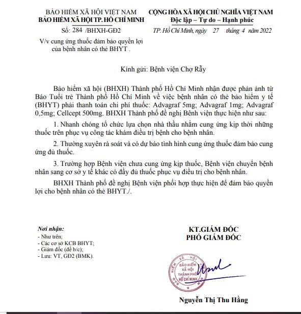 Công văn của cơ quan Bảo hiểm Xã hội TP yêu cầu BV Chợ Rẫy nhanh chóng mua sắm, đấu thầu đảm bảo quyền lợi cho bệnh nhân.