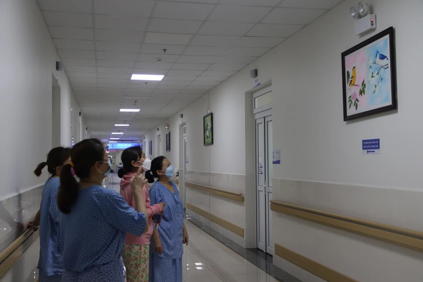 Bệnh nhân chiêm ngưỡng các bức vẽ dọc hành lang. Ảnh: HOÀNG LAN Bệnh nhân chiêm ngưỡng các bức vẽ dọc hành lang. Ảnh: HOÀNG LAN