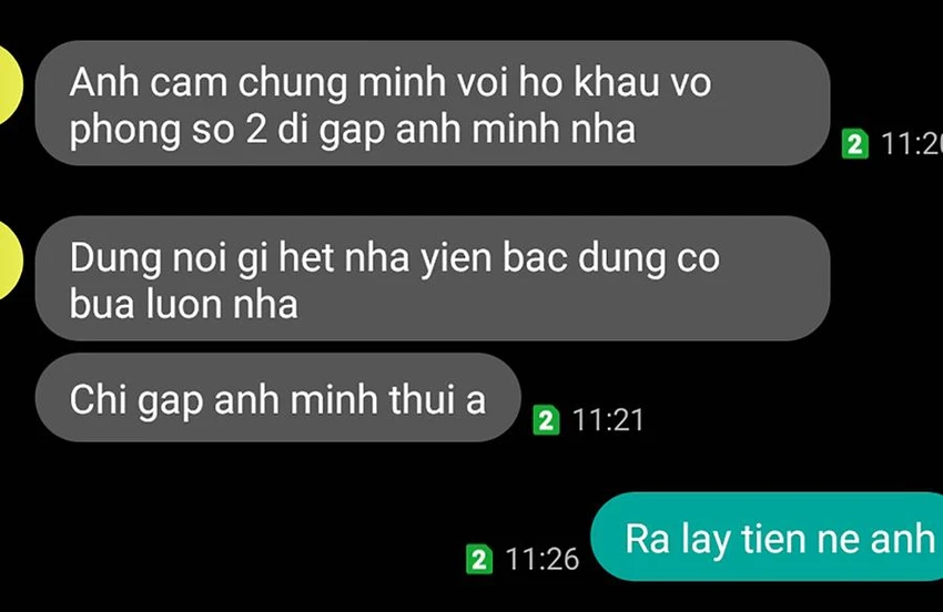 Tin nhắn của cò dặn dò vào gặp Đại úy Minh. Ảnh: NT - NY Tin nhắn của cò dặn dò vào gặp Đại úy Minh. Ảnh: NT - NY