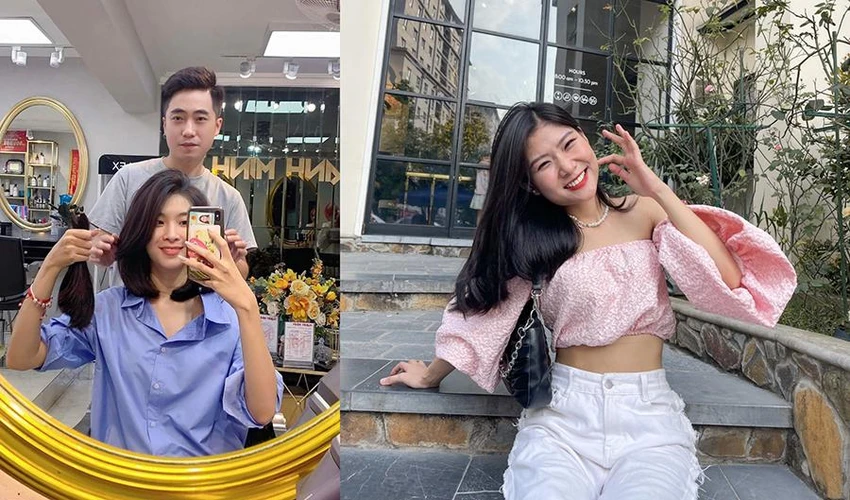 Đỗ Linh Chi (trái) và Khánh An cắt tóc ủng hộ bệnh nhân ung thư. Ảnh: NVCC