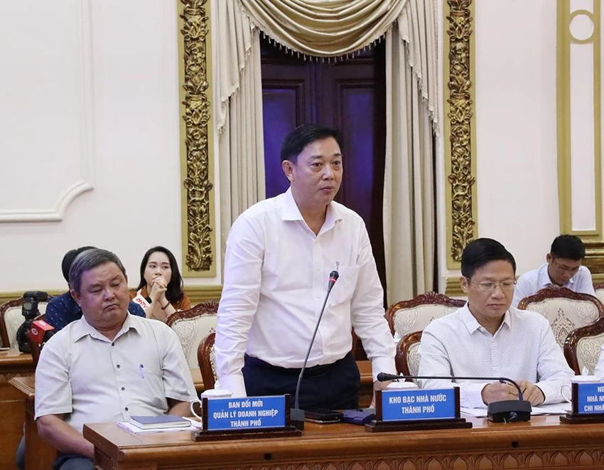 Giám đốc Kho bạc Nhà nước TP.HCM Nguyễn Hoàng Hải phát biểu tại cuộc họp. Ảnh: TTBC Giám đốc Kho bạc Nhà nước TP.HCM Nguyễn Hoàng Hải phát biểu tại cuộc họp. Ảnh: TTBC