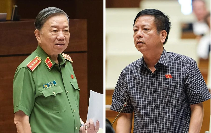 Bộ trưởng Tô Lâm (bìa trái) trả lời các câu hỏi mà đại biểu đặt ra tại phiên chất vấn. Đại biểu Nguyễn Trường Giang (Đoàn Đắk Nông) chất vấn Bộ trưởng Bộ Công an tại phiên họp. Ảnh: Quochoi Bộ trưởng Tô Lâm (bìa trái) trả lời các câu hỏi mà đại biểu đặt ra tại phiên chất vấn. Đại biểu Nguyễn Trường Giang (Đoàn Đắk Nông) chất vấn Bộ trưởng Bộ Công an tại phiên họp. Ảnh: Quochoi