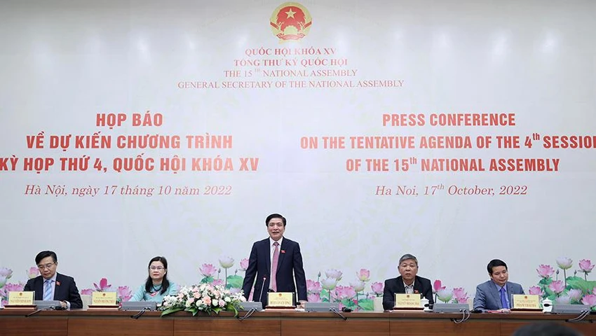 Buổi họp báo chiều 17-10, trước phiên khai mạc kỳ họp thứ tư Quốc hội khóa XV. Ảnh: ĐỨC MINH Buổi họp báo chiều 17-10, trước phiên khai mạc kỳ họp thứ tư Quốc hội khóa XV. Ảnh: ĐỨC MINH