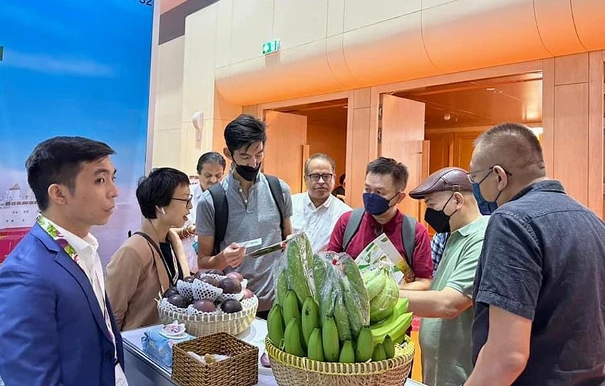 Các sản phẩm trái cây Việt Nam được giới thiệu tại hội chợ quốc tế. Ảnh: Q.HUY Các sản phẩm trái cây Việt Nam được giới thiệu tại hội chợ quốc tế. Ảnh: Q.HUY