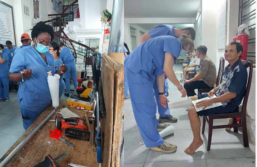 Tình nguyện viên trong đoàn thiện nguyện đang chỉnh sửa, hoàn thiện một chân giả (trái), sau đó chân này được cẩn thận lắp cho một người dân ở KiênGiang (phải). Ảnh: MINH TRUNG