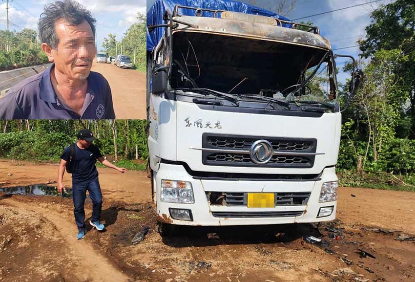 Tài xế Đoàn Đức D (ảnh nhỏ) may mắn thoát chết. Ảnh: VŨ LONG Tài xế Đoàn Đức D (ảnh nhỏ) may mắn thoát chết. Ảnh: VŨ LONG
