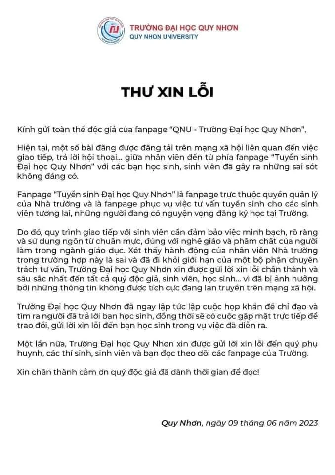 Thư xin lỗi của Trường Đại học Quy Nhơn gửi đến học sinh. Ảnh chụp màn hình. Thư xin lỗi của Trường Đại học Quy Nhơn gửi đến học sinh. Ảnh chụp màn hình.