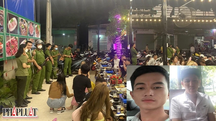 Hai thanh niên bị bắt giữ trong một quán nhậu. Ảnh: LA Hai thanh niên bị bắt giữ trong một quán nhậu. Ảnh: LA