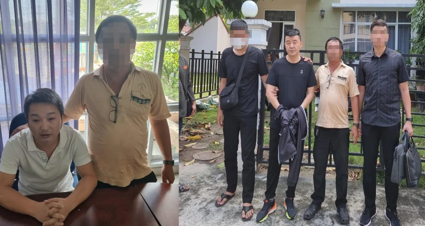 Pan Jianlel (trái) và Zhang Guo Zhong bị các trinh sát bắt giữ. Ảnh: CACC Pan Jianlel (trái) và Zhang Guo Zhong bị các trinh sát bắt giữ. Ảnh: CACC