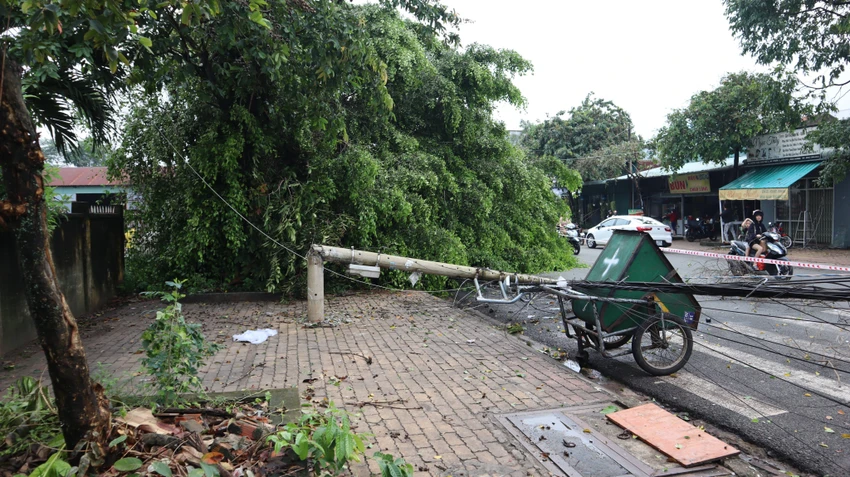 Nhiều trụ điện bị gãy đổ. Ảnh: DH Nhiều trụ điện bị gãy đổ. Ảnh: DH