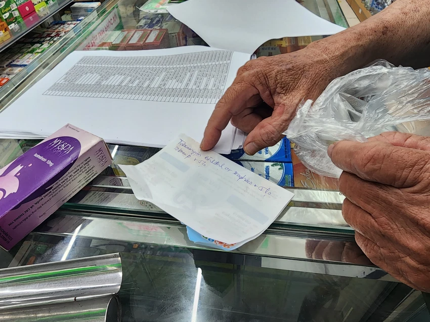 Người dân mang theo mảnh giấy ghi tên thuốc TobraDex đến cửa hàng tìm mua nhưng không có. Ảnh: MT Người dân mang theo mảnh giấy ghi tên thuốc TobraDex đến cửa hàng tìm mua nhưng không có. Ảnh: MT