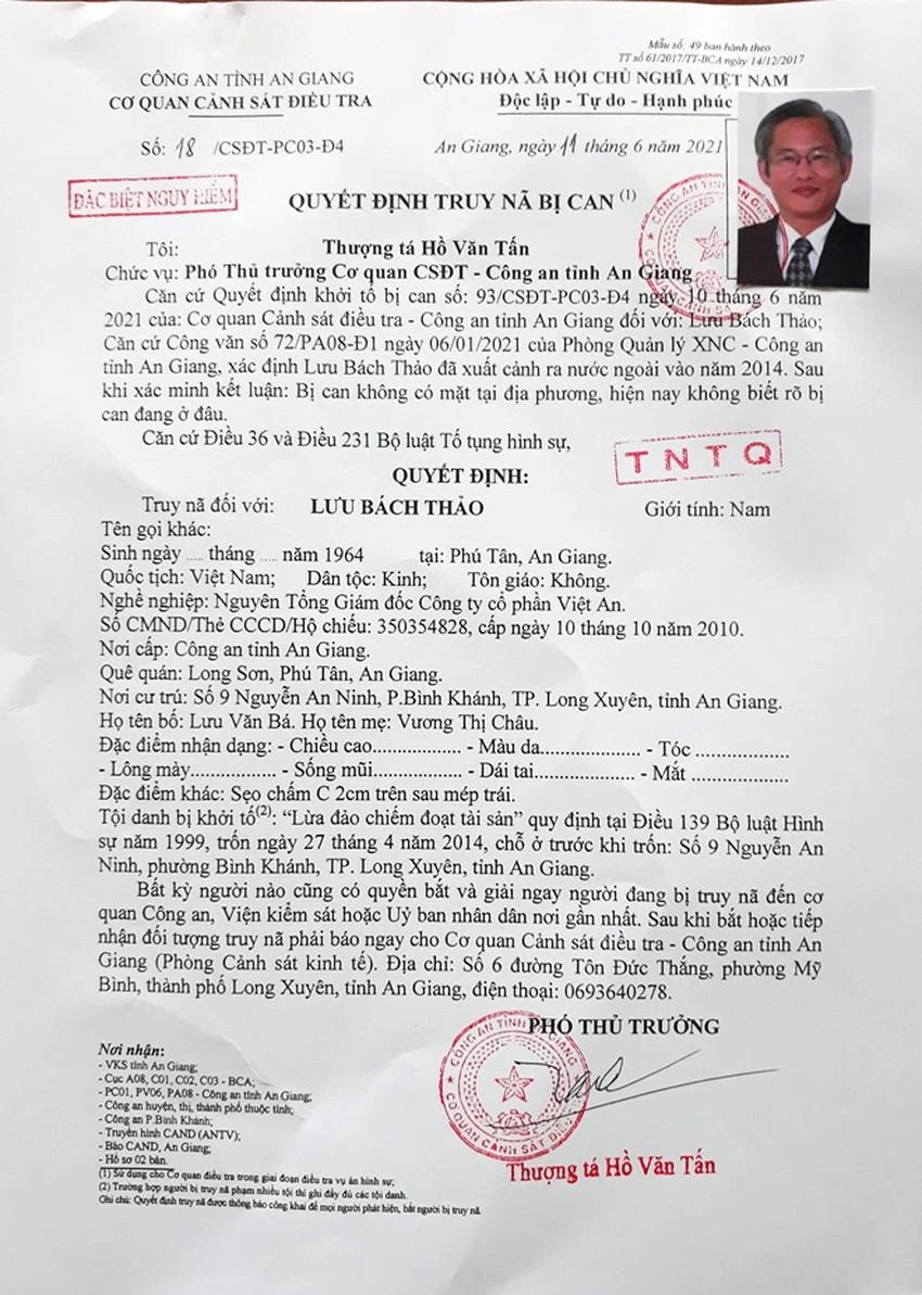 Bị can Lưu Bách Thảo - nguyên tổng Giám đốc Công ty cổ phần Việt An - giữ vai trò chủ mưu vụ án đang bị truy nã. Ảnh: CACC Bị can Lưu Bách Thảo - nguyên tổng Giám đốc Công ty cổ phần Việt An - giữ vai trò chủ mưu vụ án đang bị truy nã. Ảnh: CACC
