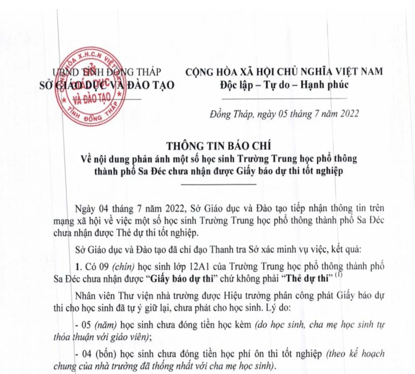Thông cáo báo chí của Sở GD&amp;ĐT Đồng Tháp.