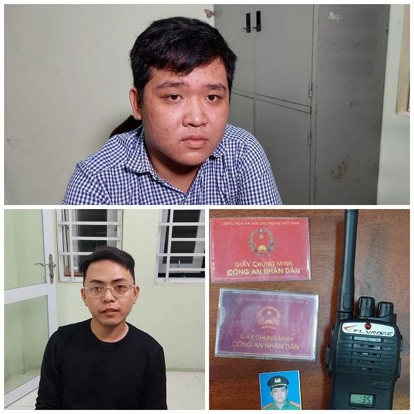 Nguyễn Lê Học Thi và Nguyễn Triệu Nghĩa cùng các tang vật sử dụng giả danh cảnh sát hình sự. Ảnh: CAĐT Nguyễn Lê Học Thi và Nguyễn Triệu Nghĩa cùng các tang vật sử dụng giả danh cảnh sát hình sự. Ảnh: CAĐT