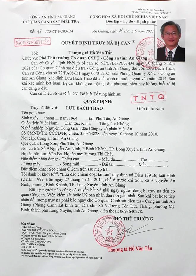 Quyết định truy nã đối với Lưu Bách Thảo đã bỏ trốn. Ảnh: CACC Quyết định truy nã đối với Lưu Bách Thảo đã bỏ trốn. Ảnh: CACC