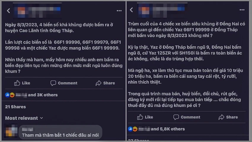 Một tài khoản Facebook đăng tải thông tin nhiều biển số xe đẹp vừa được bấm ở Cao Lãnh, tỉnh Đồng Tháp. Ảnh chụp màn hình Một tài khoản Facebook đăng tải thông tin nhiều biển số xe đẹp vừa được bấm ở Cao Lãnh, tỉnh Đồng Tháp. Ảnh chụp màn hình