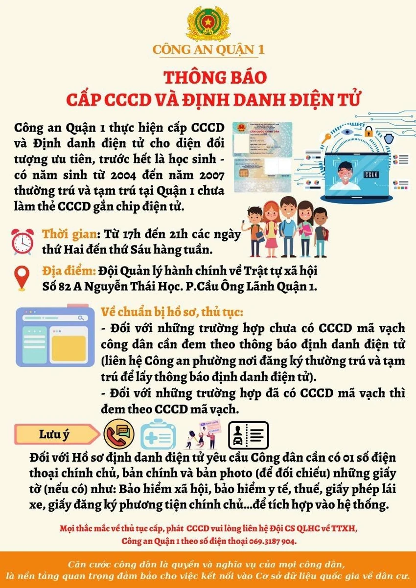 Công an quận 1 vừa phát đi thông báo về việc ưu tiên cấp CCCD cho học sinh. Ảnh: P.BẰNG
