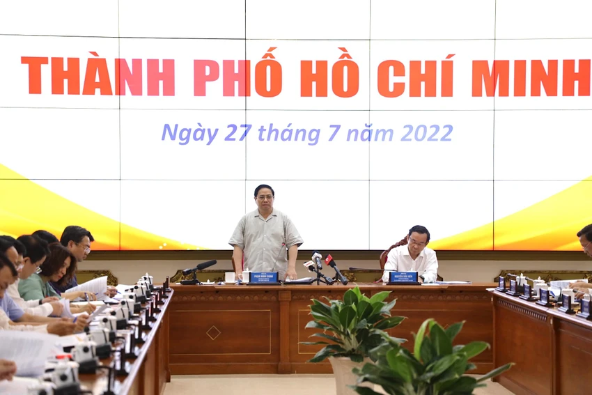 Thủ tướng Phạm Minh Chính chủ trì buổi làm việc với TP.HCM, sáng 27-7. Ảnh: TTBC Thủ tướng Phạm Minh Chính chủ trì buổi làm việc với TP.HCM, sáng 27-7. Ảnh: TTBC