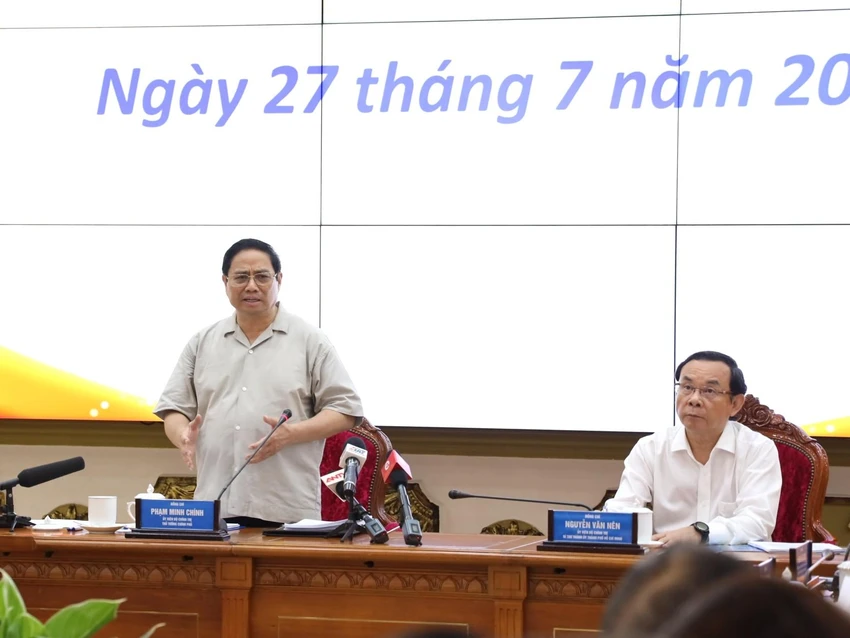 Thủ tướng Phạm Minh Chính tại buổi làm việc với lãnh đạo TP.HCM vào ngày 27-7. Ảnh: TTBC Thủ tướng Phạm Minh Chính tại buổi làm việc với lãnh đạo TP.HCM vào ngày 27-7. Ảnh: TTBC