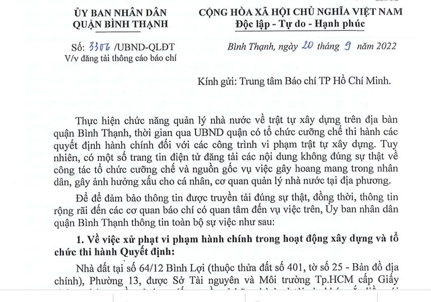 Công văn của UBND quận Bình Thạnh thông tin về vụ việc. Ảnh: LT Công văn của UBND quận Bình Thạnh thông tin về vụ việc. Ảnh: LT