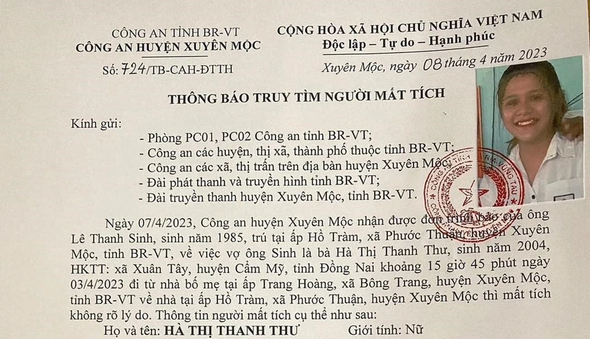 Truy tìm người mất tích Công an Xuyên Mộc