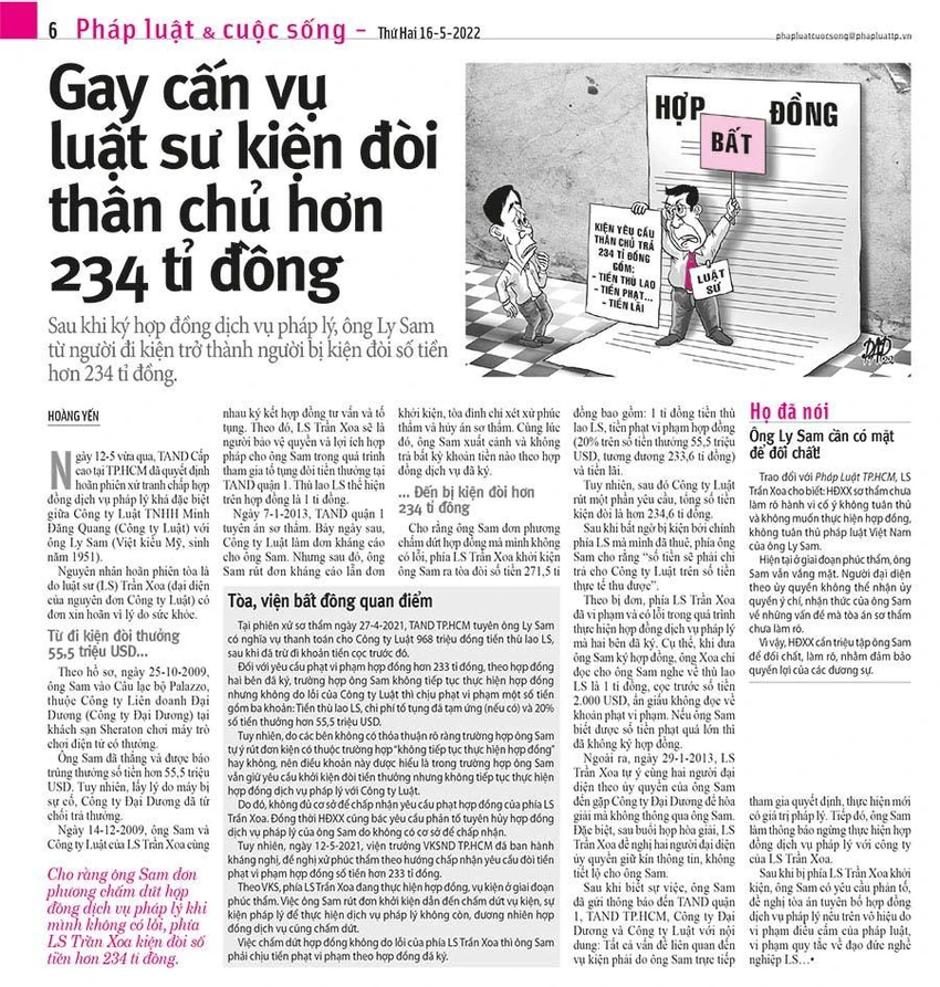 Pháp Luật TP.HCM đã thông tin về vụ tranh chấp hợp đồng dịch vụ pháp lý giữa Công ty Luật TNHH Minh Đăng Quang (Công ty Luật) với ông Ly Sam (Việt kiều Mỹ).