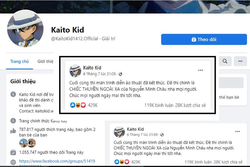 Trang Facebook “Kaito Kid” dự đoán đề thi văn năm 2022. Ảnh chụp màn hình Trang Facebook “Kaito Kid” dự đoán đề thi văn năm 2022. Ảnh chụp màn hình