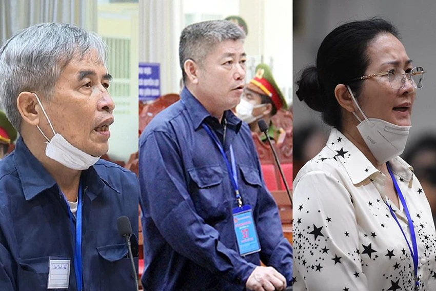 Bị cáo Phan Thanh Hữu (trái), bị cáo Nguyễn Hữu Tứ và bị cáo Trần Thị Thanh Vân tại tòa. Ảnh: VŨ HỘI