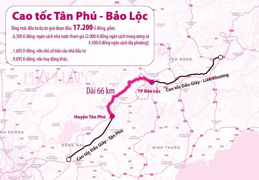 Sơ đồ dự kiến cao tốc Tân Phú - Bảo Lộc dài 66 km. Đồ họa: HỒ TRANG Sơ đồ dự kiến cao tốc Tân Phú - Bảo Lộc dài 66 km. Đồ họa: HỒ TRANG