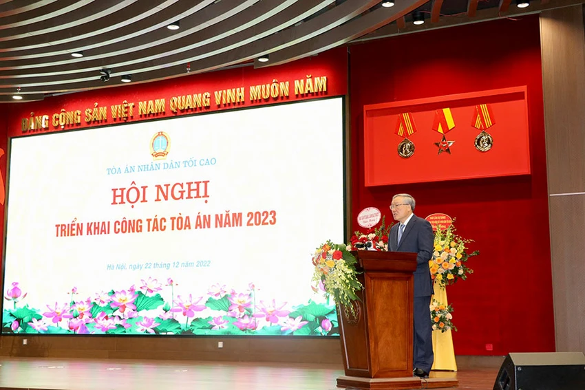 Chánh án TAND Nguyễn Hòa Bình phát biểu chỉ đạo tại hội nghị. Ảnh: MINH DŨNG Chánh án TAND Nguyễn Hòa Bình phát biểu chỉ đạo tại hội nghị. Ảnh: MINH DŨNG