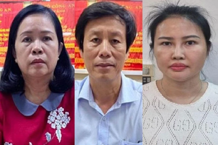 Từ trái qua: Các bị can Bùi Thị Lệ Phi, Cao Minh Chu, Hoàng Thị Thúy Nga. Ảnh: CA