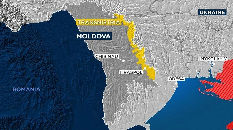 Khu vực ly khai Transnistria của Moldova (vùng màu vàng). Ảnh: EURONEWS Khu vực ly khai Transnistria của Moldova (vùng màu vàng). Ảnh: EURONEWS