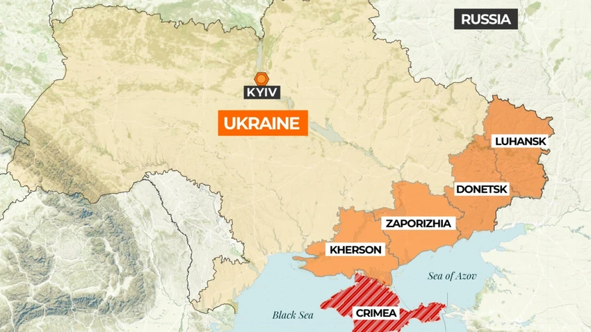 Hành lang trên bộ nối dài từ lãnh thổ Nga, đi qua 4 tỉnh Luhansk, Donetsk, Zaporizhia, Kherson với bán đảo Crimea. Ảnh: AL JAZEERA Hành lang trên bộ nối dài từ lãnh thổ Nga, đi qua 4 tỉnh Luhansk, Donetsk, Zaporizhia, Kherson với bán đảo Crimea. Ảnh: AL JAZEERA
