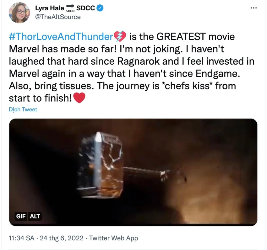 Nhà phê bình Lyra Hale đăng cảm nhận của mình khi xem xong bộ phim 'Thor: Love and Thunder' trên trang Twitter.