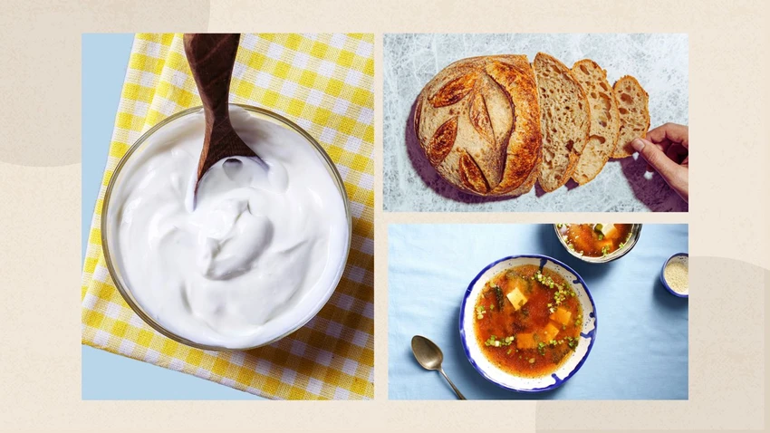 Các loại thực phẩm như sữa chua, bánh mì bột chua và súp miso đều được làm bằng các nguyên liệu lên men có thể giúp hơi thở thơm mát hơn. Ảnh: Alamy; Canva; Stock Các loại thực phẩm như sữa chua, bánh mì bột chua và súp miso đều được làm bằng các nguyên liệu lên men có thể giúp hơi thở thơm mát hơn. Ảnh: Alamy; Canva; Stock