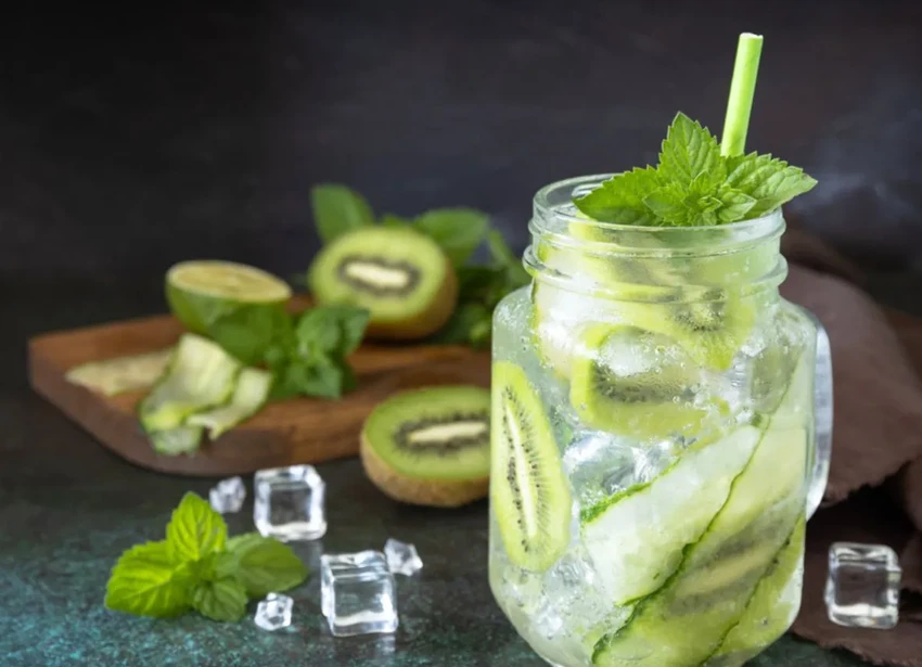 Giải độc cơ thể và giảm cân bằng thức uống kiwi kết hợp với dưa chuột và bạc hà. Ảnh: Shutterstock Giải độc cơ thể và giảm cân bằng thức uống kiwi kết hợp với dưa chuột và bạc hà. Ảnh: Shutterstock