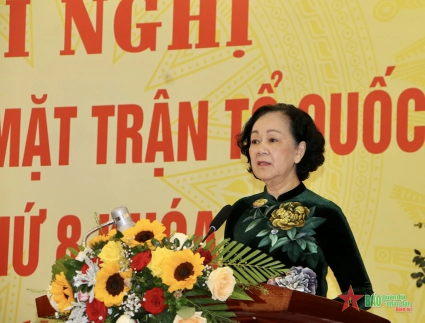 Bà Trương Thị Mai, Ủy viên Bộ Chính trị, Thường trực Ban Bí thư, Trưởng ban Tổ chức Trung ương phát biểu tại Hội nghị . Ảnh: Báo QĐND Bà Trương Thị Mai, Ủy viên Bộ Chính trị, Thường trực Ban Bí thư, Trưởng ban Tổ chức Trung ương phát biểu tại Hội nghị Ủy ban Trung ương MTTQ Việt Nam lần thứ 8, khóa IX