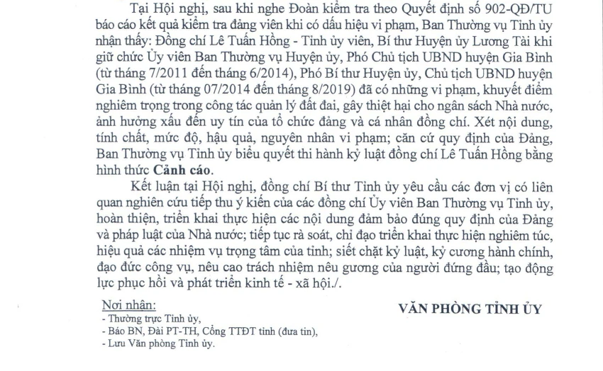 Kỷ luật cảnh cáo Bí thư Huyện ủy Lương Tài