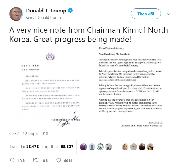 Ông Trump khen thư ông Kim ‘hay’ ảnh 1 Ông Trump khen thư ông Kim ‘hay’ ảnh 1